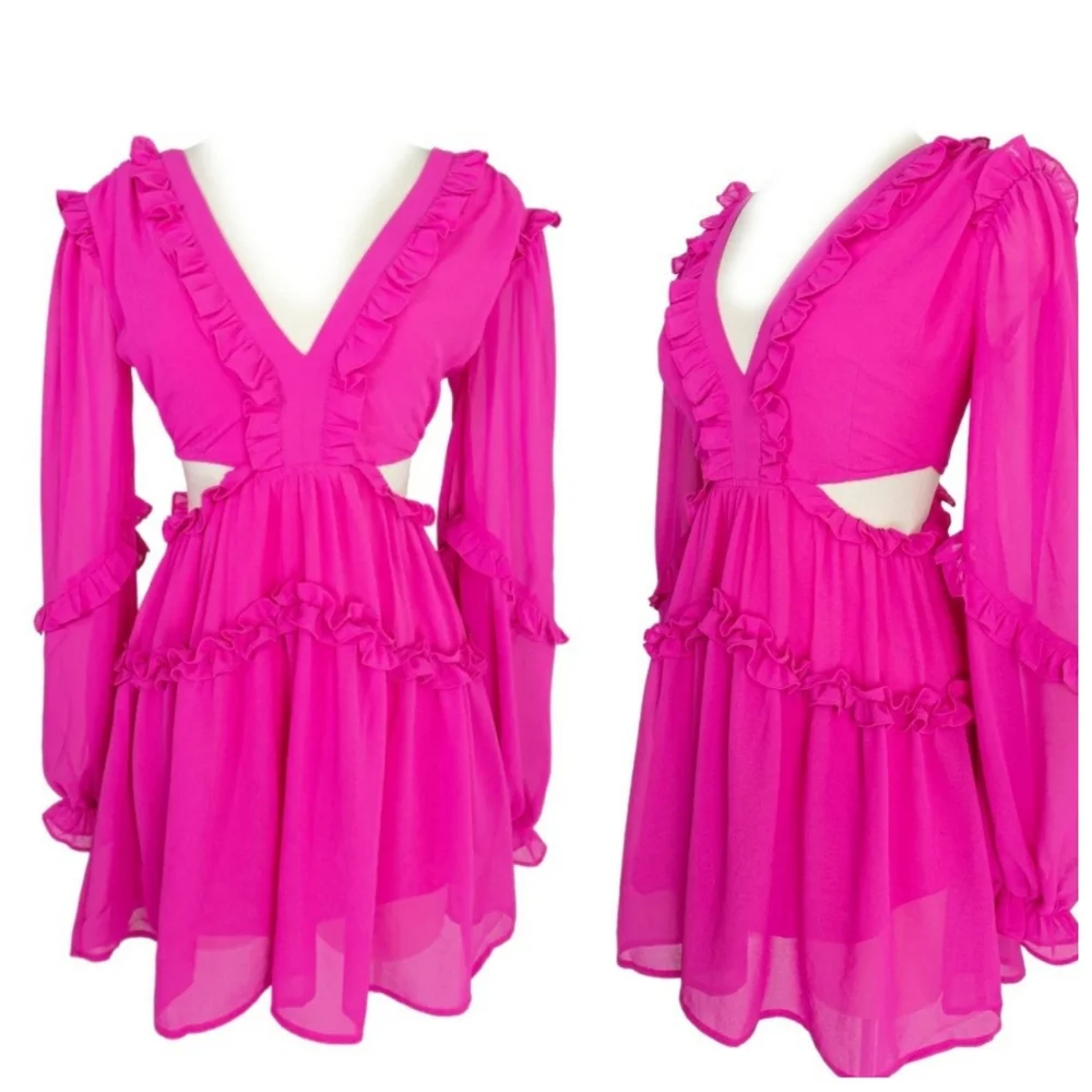 Hot Pink Ruffle Long Sleeve Dress Side Cutouts & Strappy Back - Picture 2 of 3